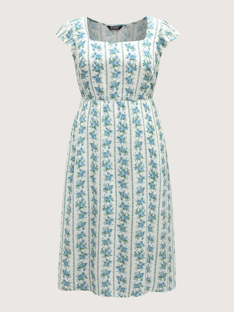 Floral Stripe Flutter Sleeve Maxi Dress