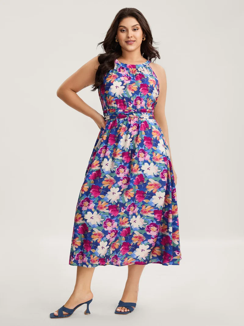 Color Block Floral Shirred Waist Midi Dress
