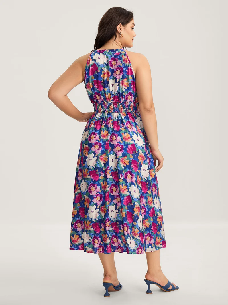 Color Block Floral Shirred Waist Midi Dress