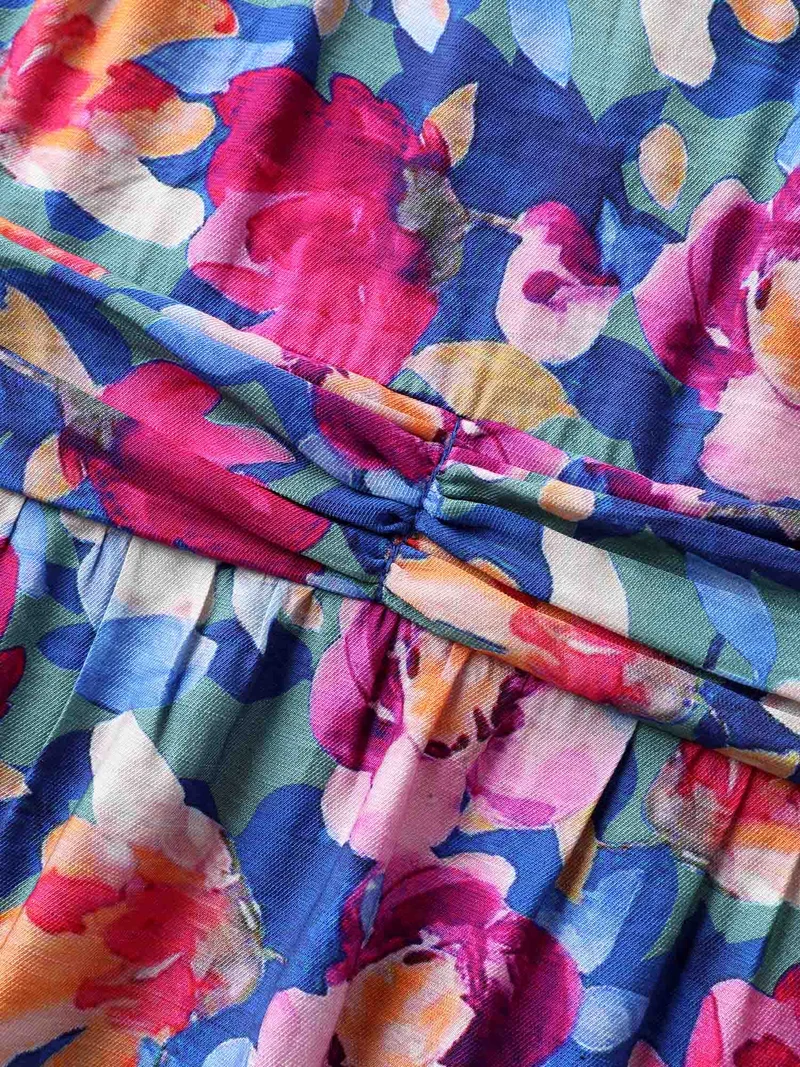 Color Block Floral Shirred Waist Midi Dress