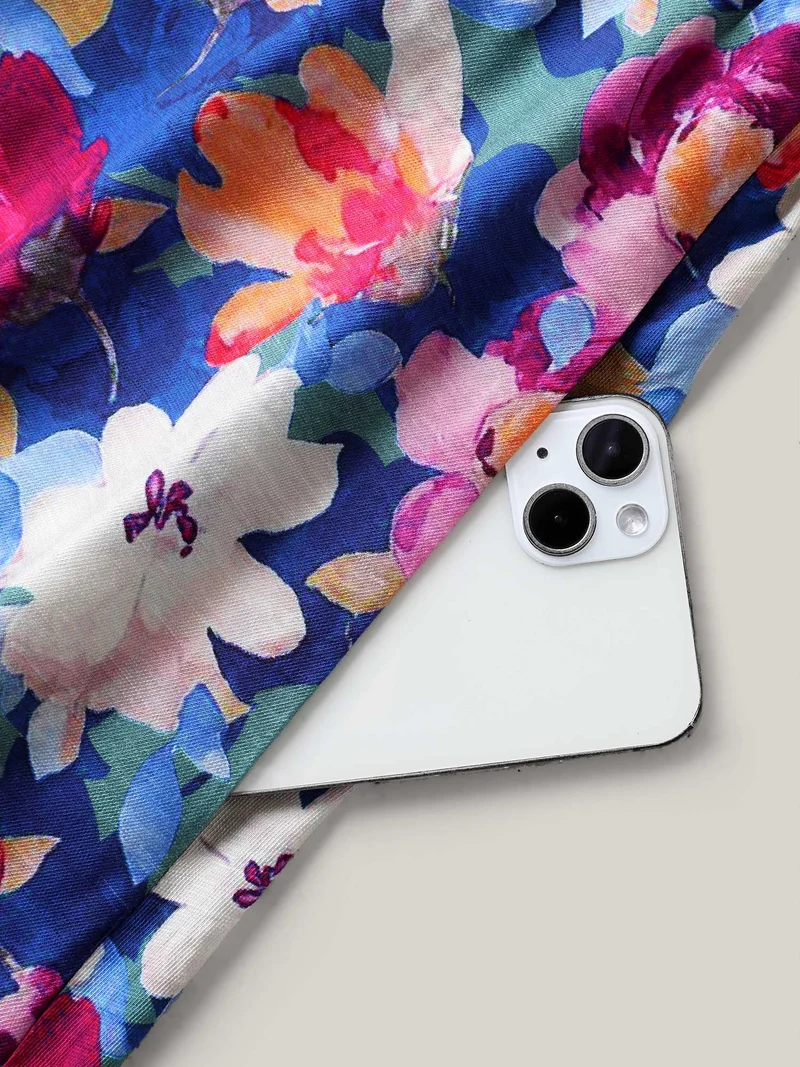Color Block Floral Shirred Waist Midi Dress