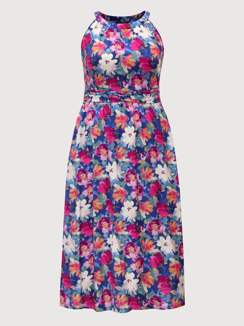 Color Block Floral Shirred Waist Midi Dress