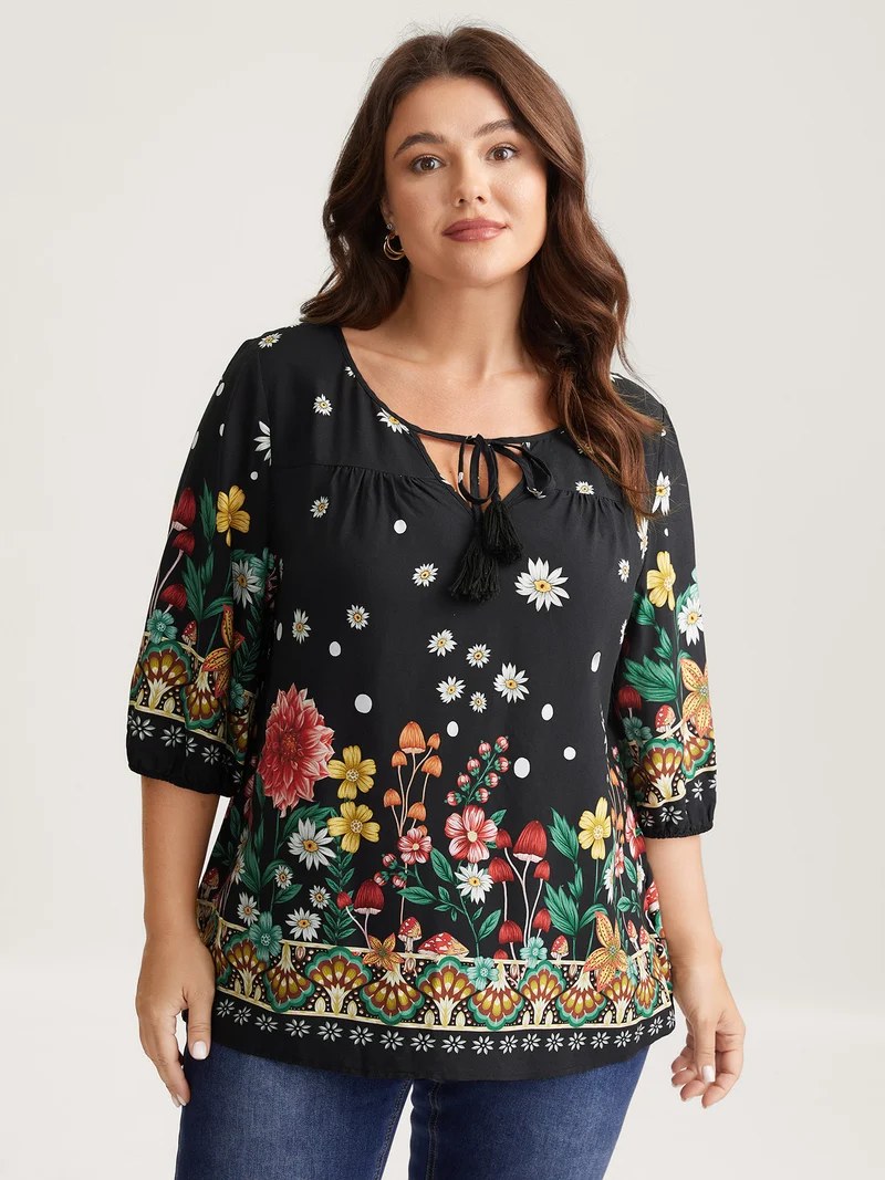 Colorful Floral Pleated Tassel Blouse