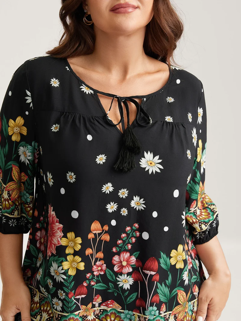 Colorful Floral Pleated Tassel Blouse