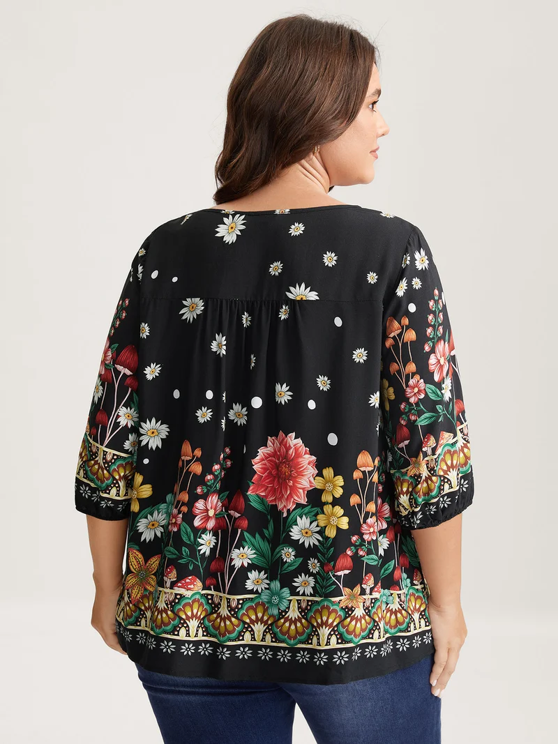 Colorful Floral Pleated Tassel Blouse