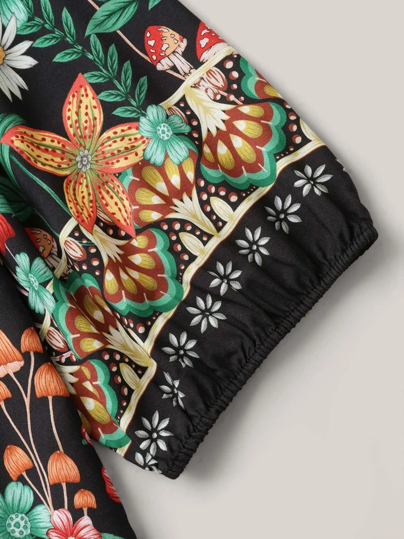 Colorful Floral Pleated Tassel Blouse
