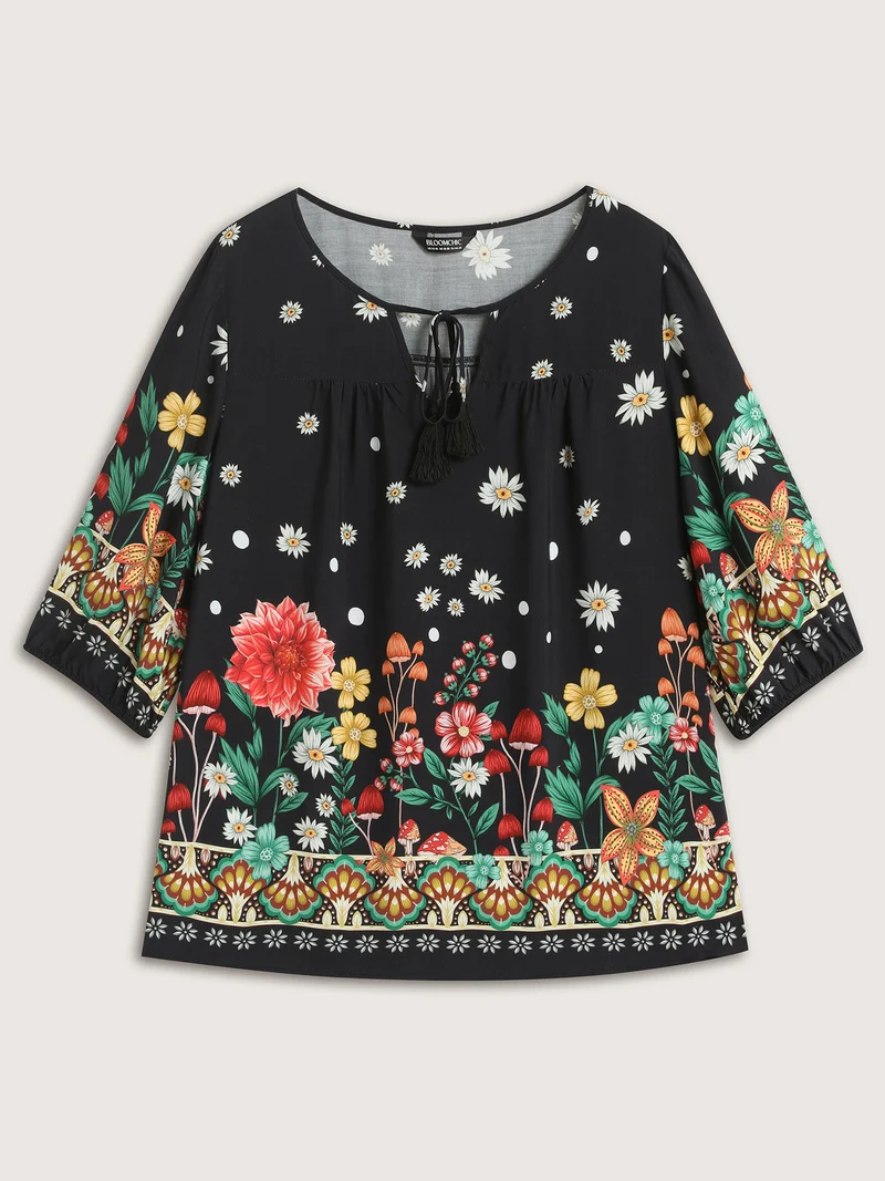 Colorful Floral Pleated Tassel Blouse