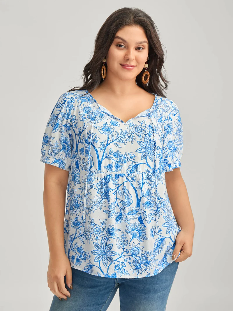 Silhouette Flower Print Neck Tie Blouse