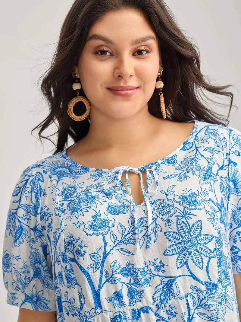 Silhouette Flower Print Neck Tie Blouse