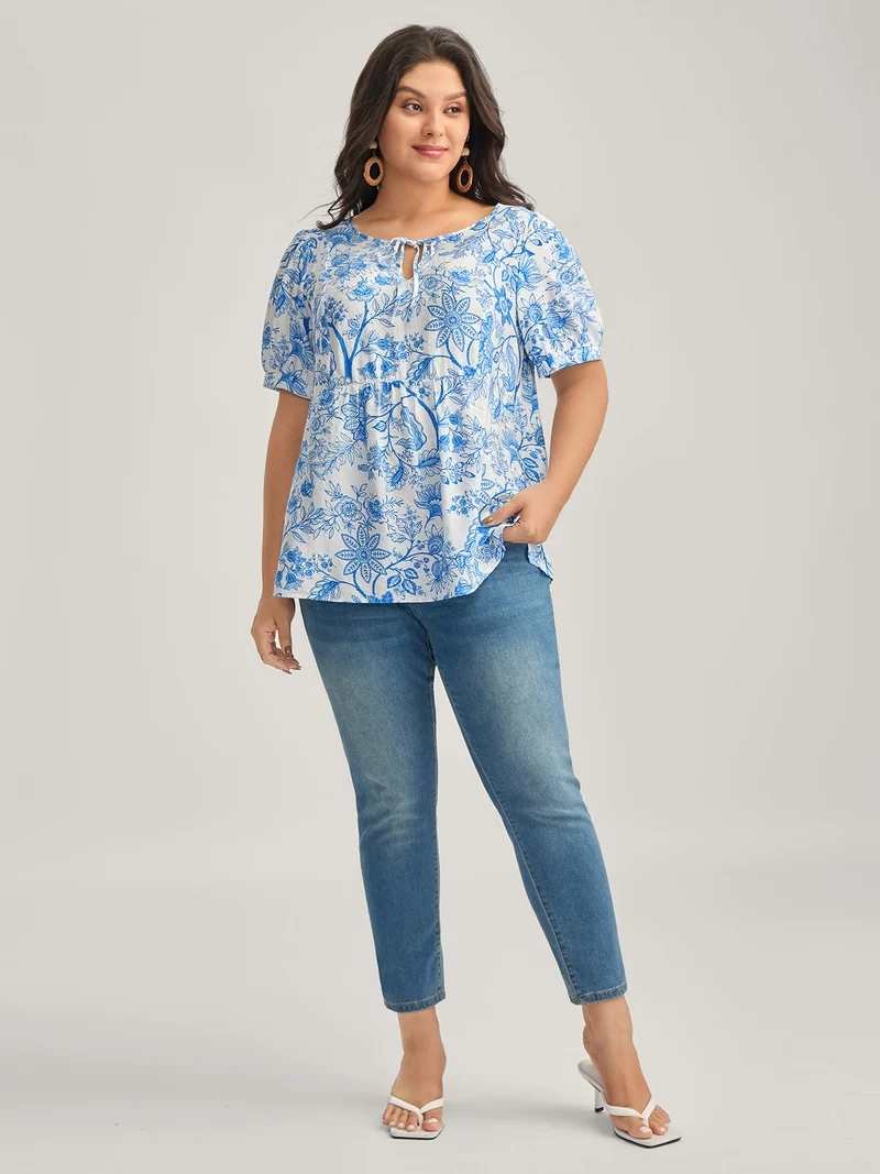 Silhouette Flower Print Neck Tie Blouse