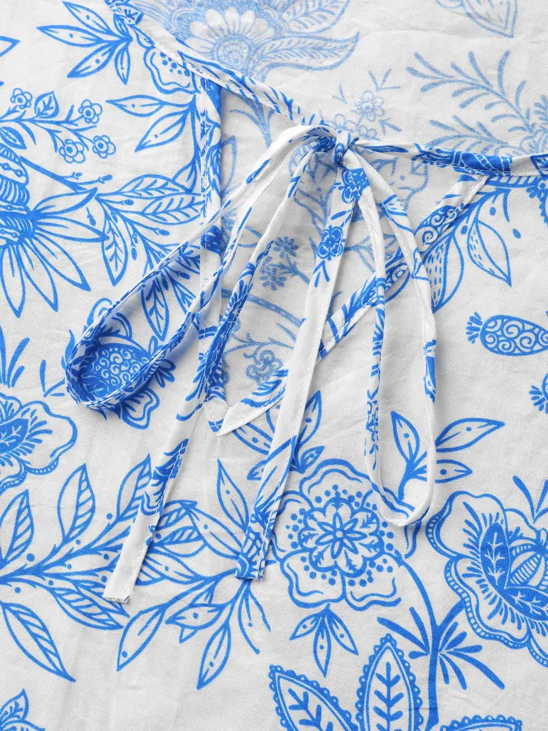 Silhouette Flower Print Neck Tie Blouse
