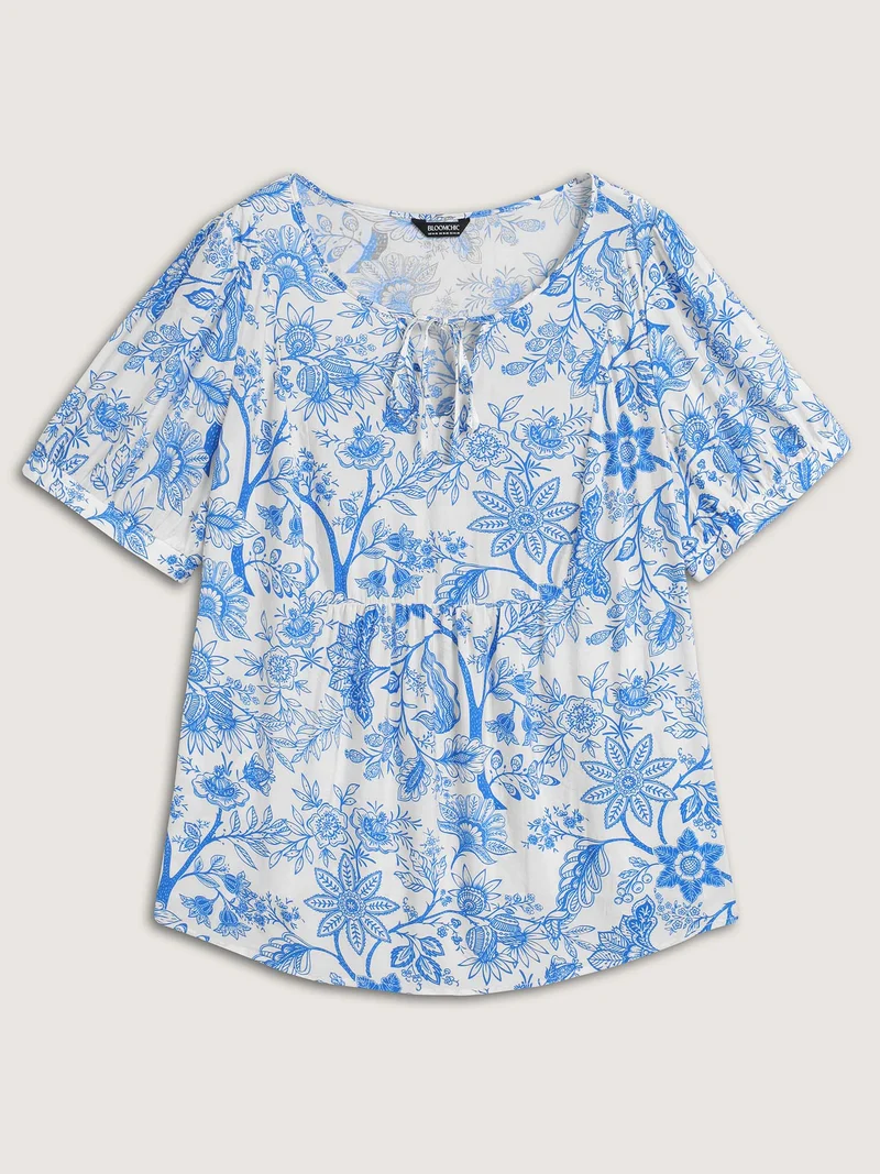 Silhouette Flower Print Neck Tie Blouse