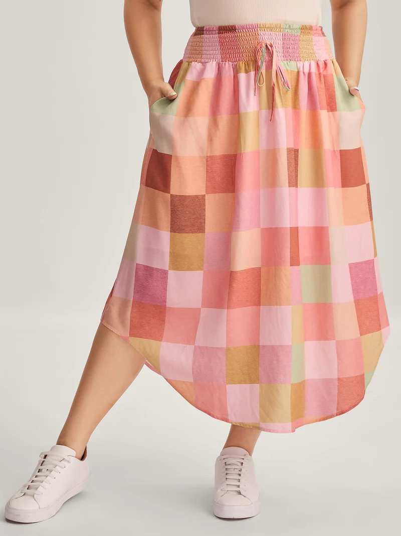 Colorful Patchwork Shirred Waist Midi Skirt
