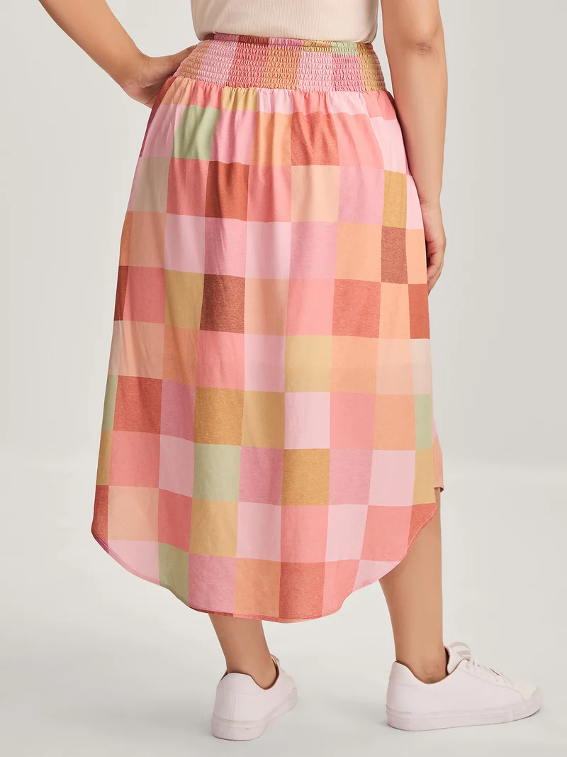Colorful Patchwork Shirred Waist Midi Skirt