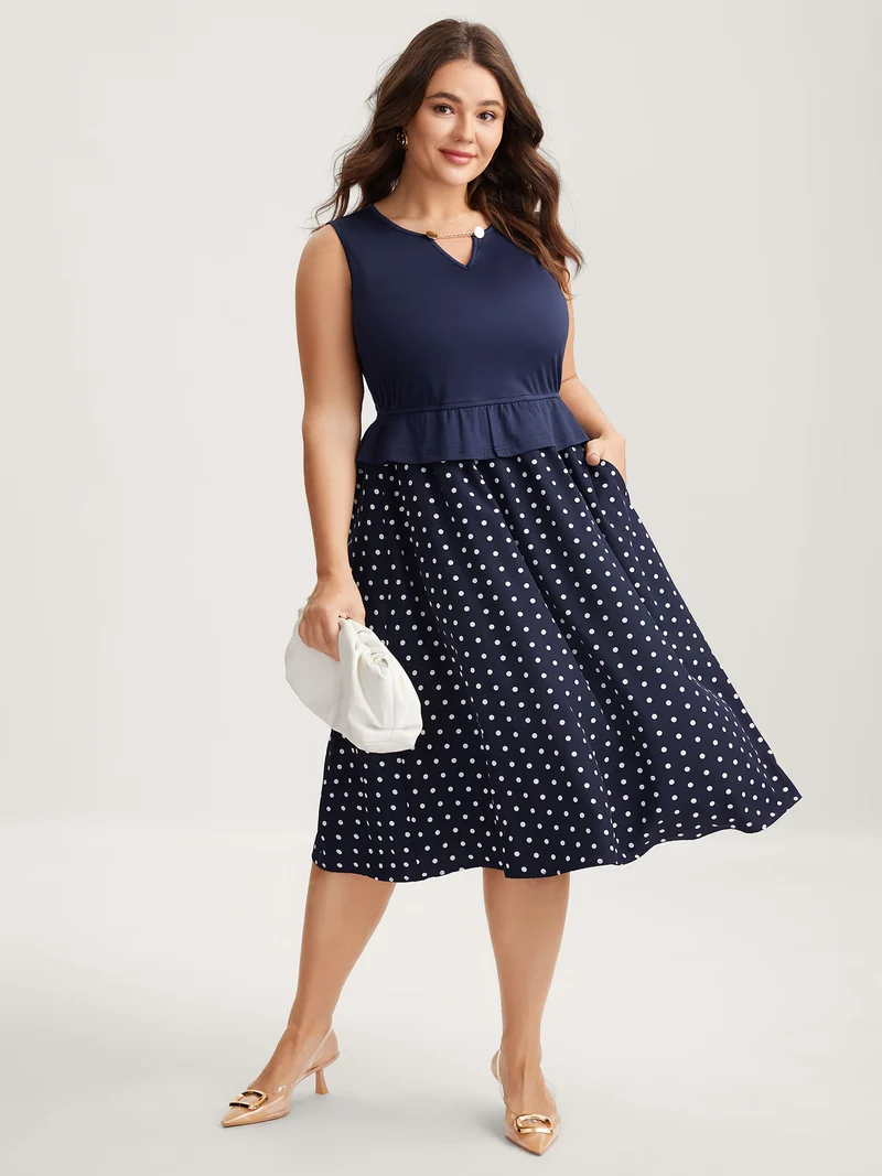 Polka Dots Stretchy Waist Contrast Midi Dress