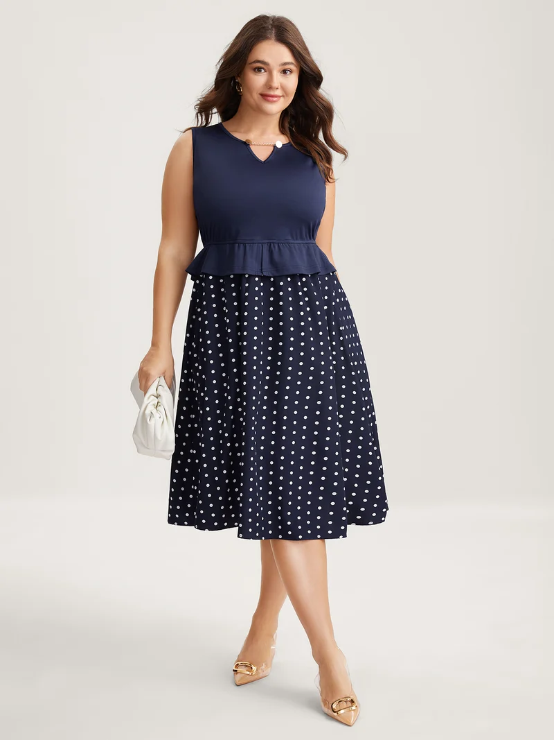 Polka Dots Stretchy Waist Contrast Midi Dress