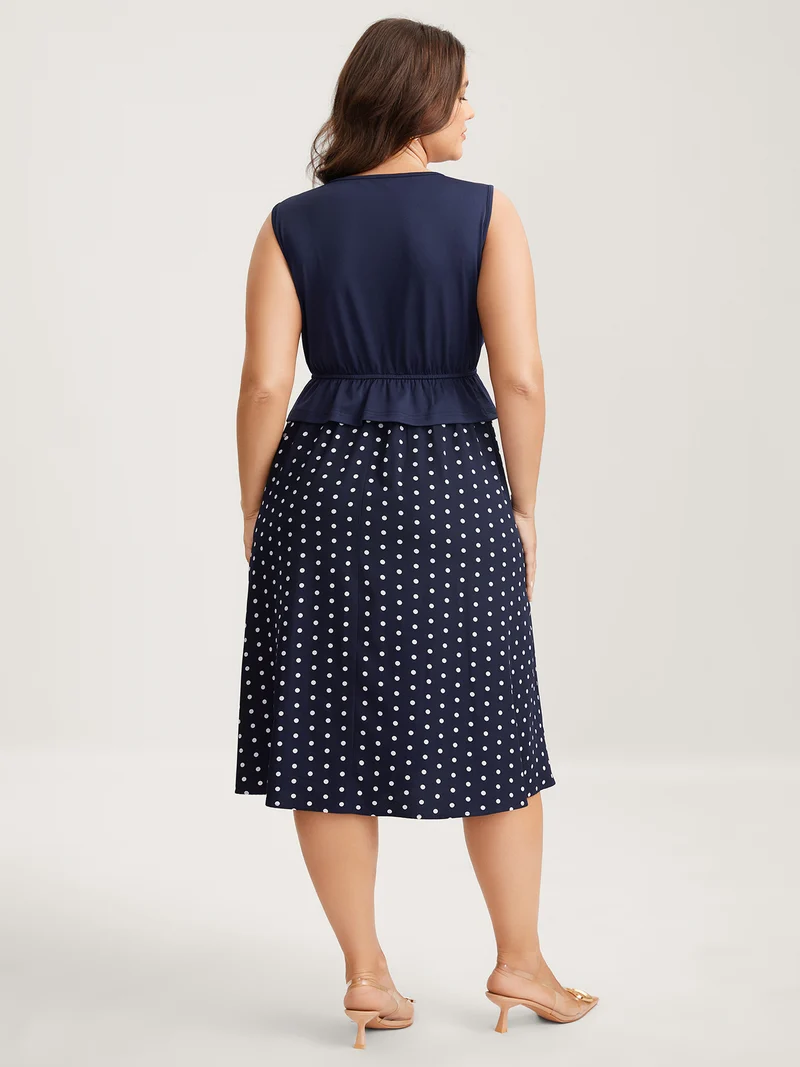 Polka Dots Stretchy Waist Contrast Midi Dress