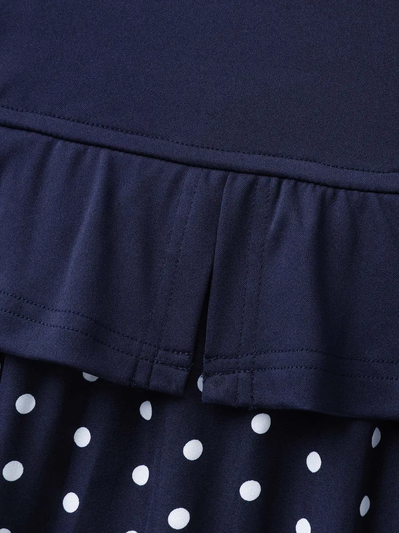 Polka Dots Stretchy Waist Contrast Midi Dress
