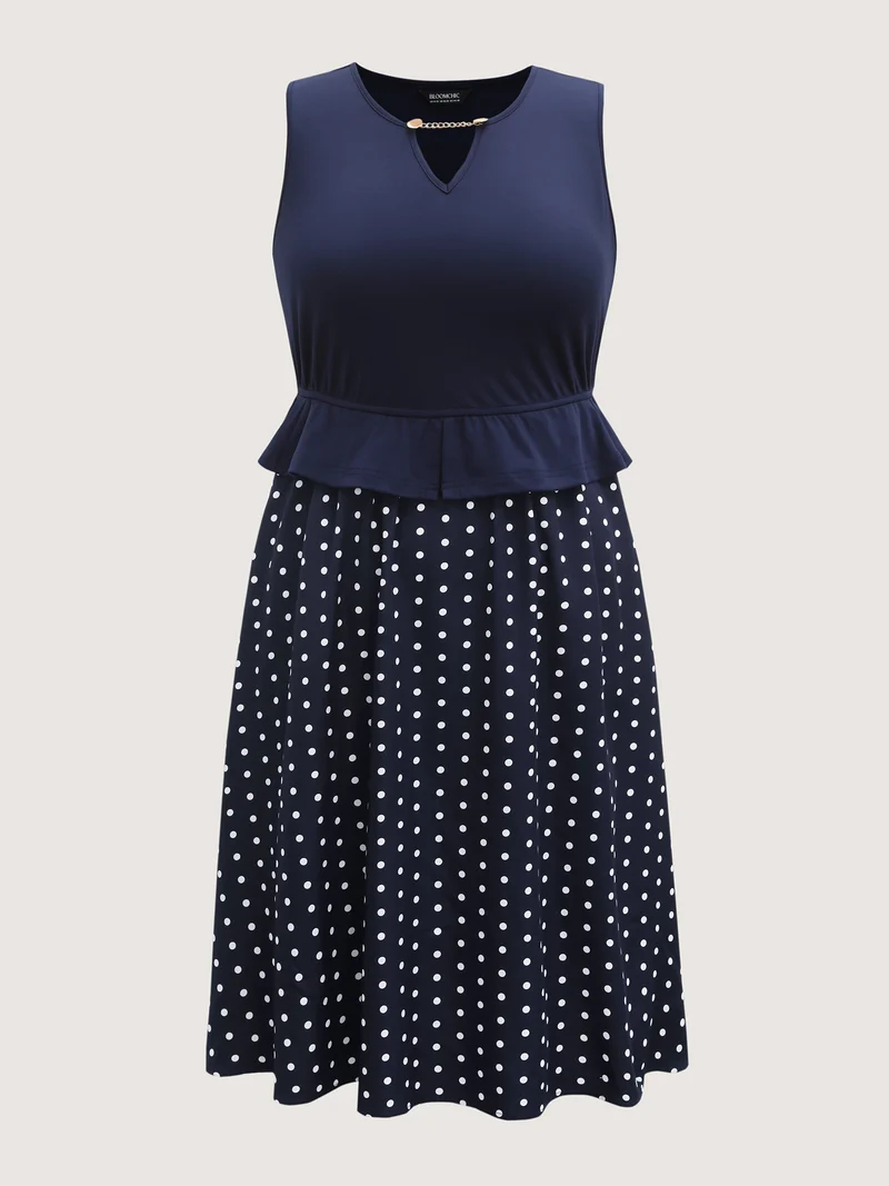 Polka Dots Stretchy Waist Contrast Midi Dress
