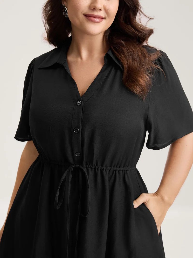 Button Placket Waist-Tie Midi Dress