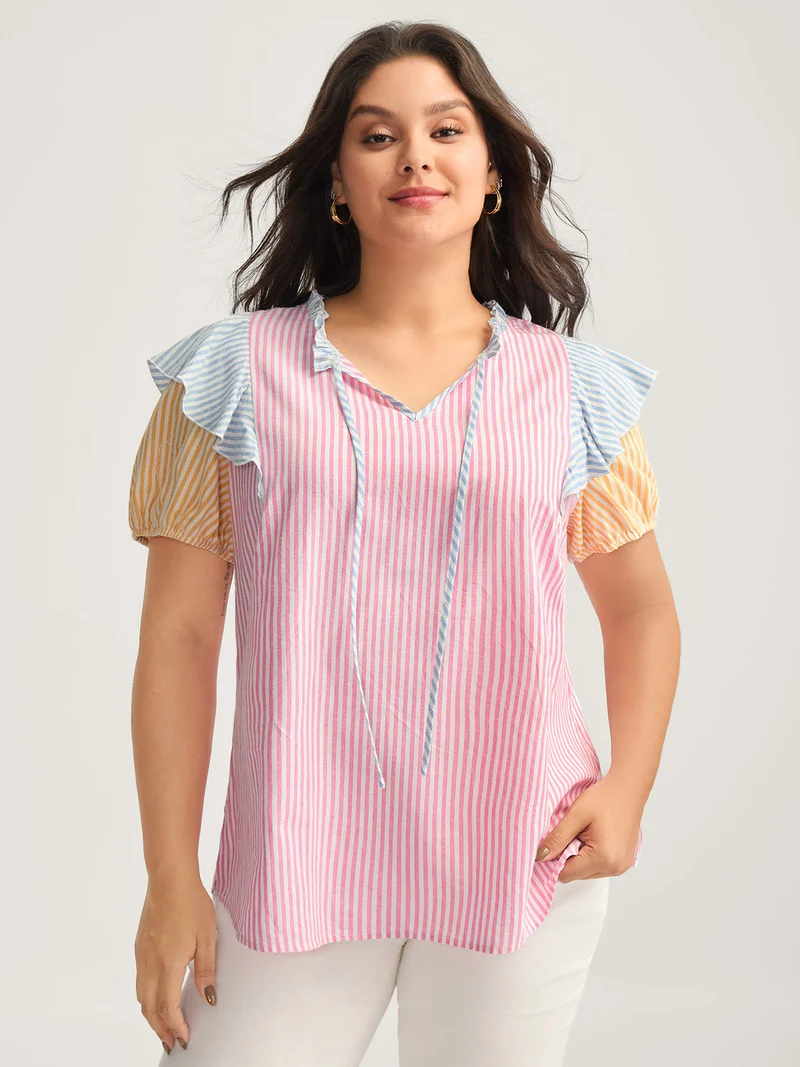 Cotton Colorful Stripes Ruffled Neck Tie Blouse