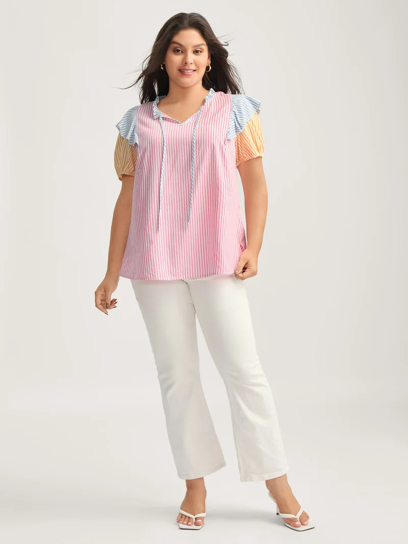 Cotton Colorful Stripes Ruffled Neck Tie Blouse