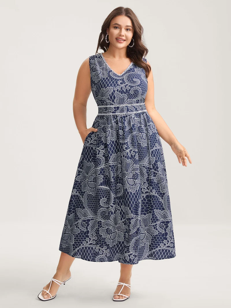 Lace-Like Print Cinched-Waist Midi Dress