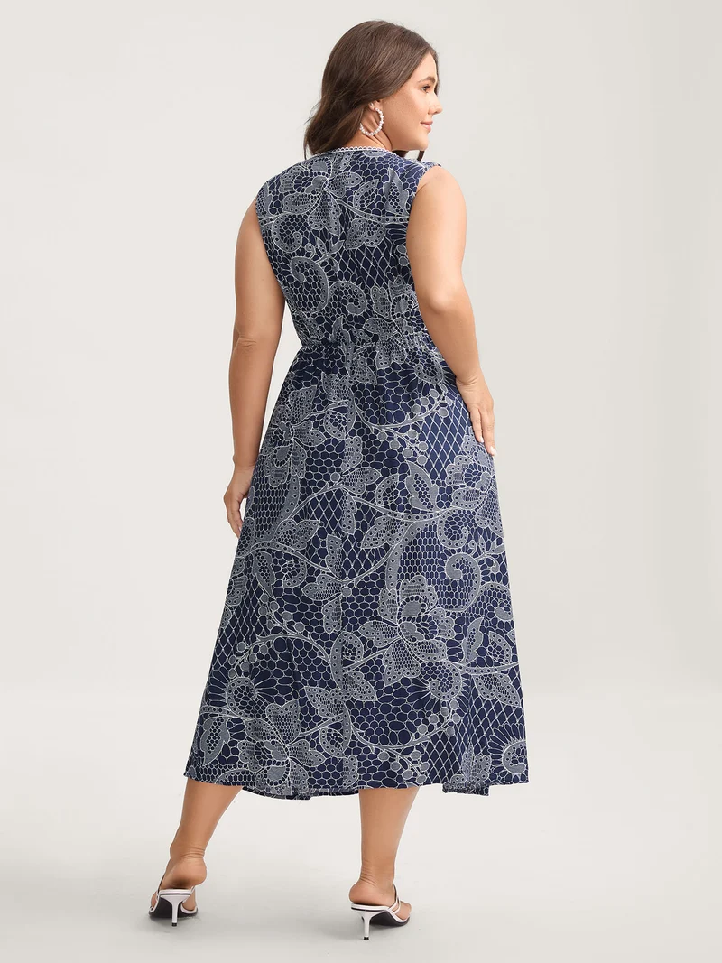 Lace-Like Print Cinched-Waist Midi Dress