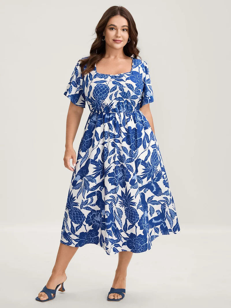 Large Floral Print Pockets Midi Dress