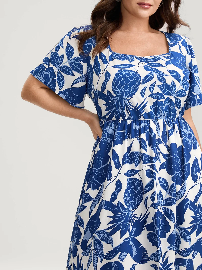 Large Floral Print Pockets Midi Dress