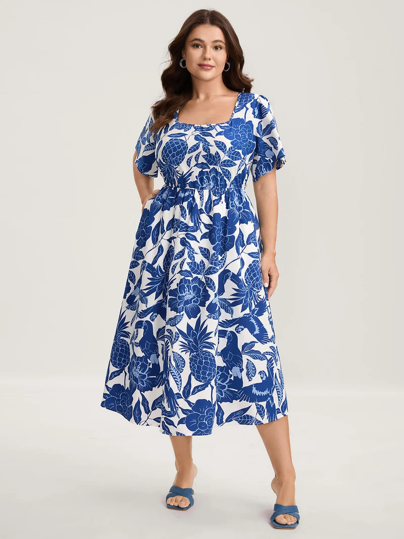 Large Floral Print Pockets Midi Dress