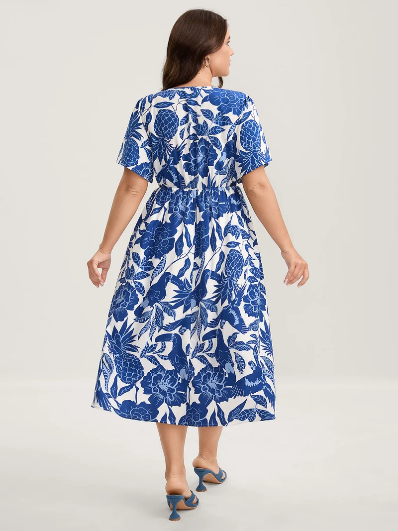 Large Floral Print Pockets Midi Dress