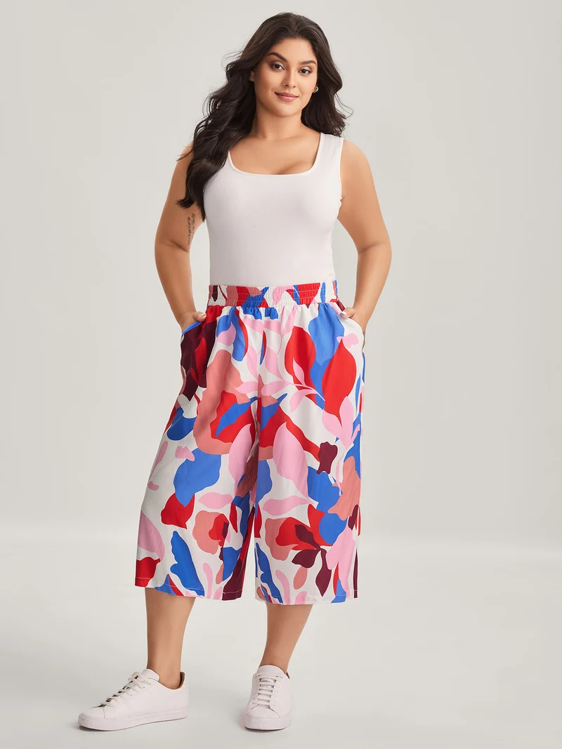 Color Block Stretchy Waist Wide-Leg Pants