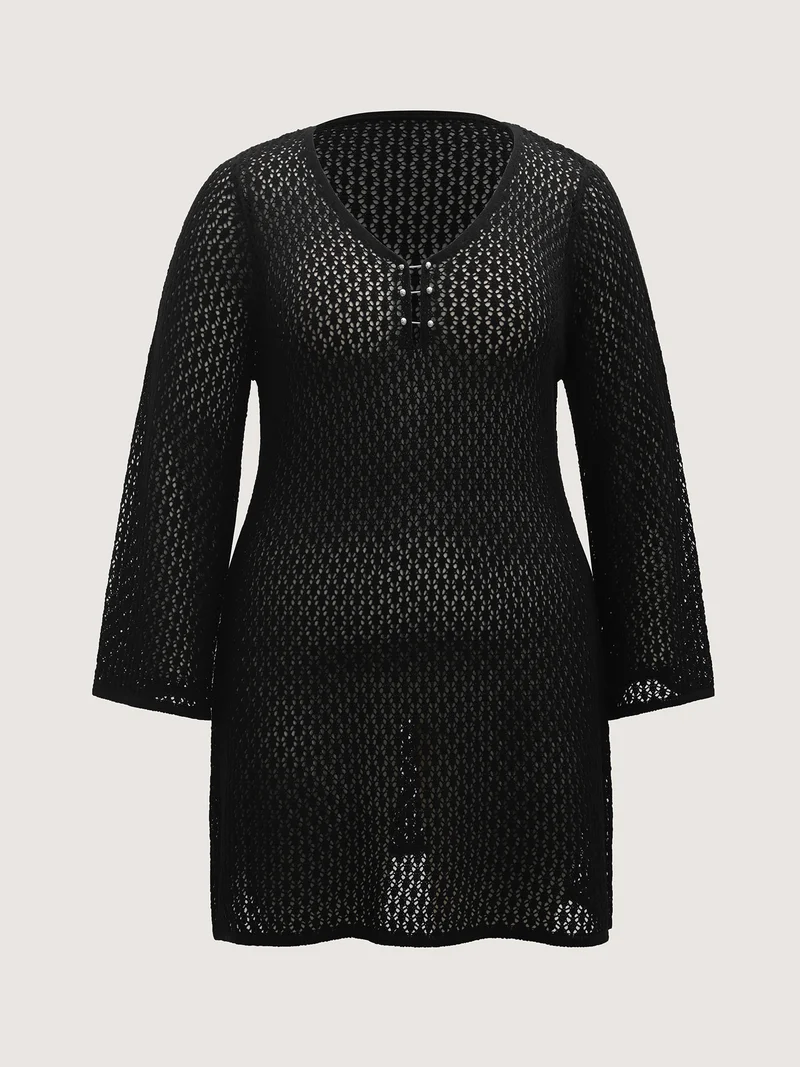 Split Neck Beaded Cut-Out Swim Cover-Up