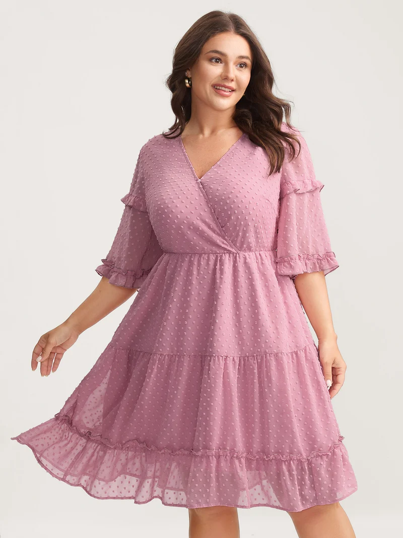 Textured Ruffled Trim Surplice Midi Dress