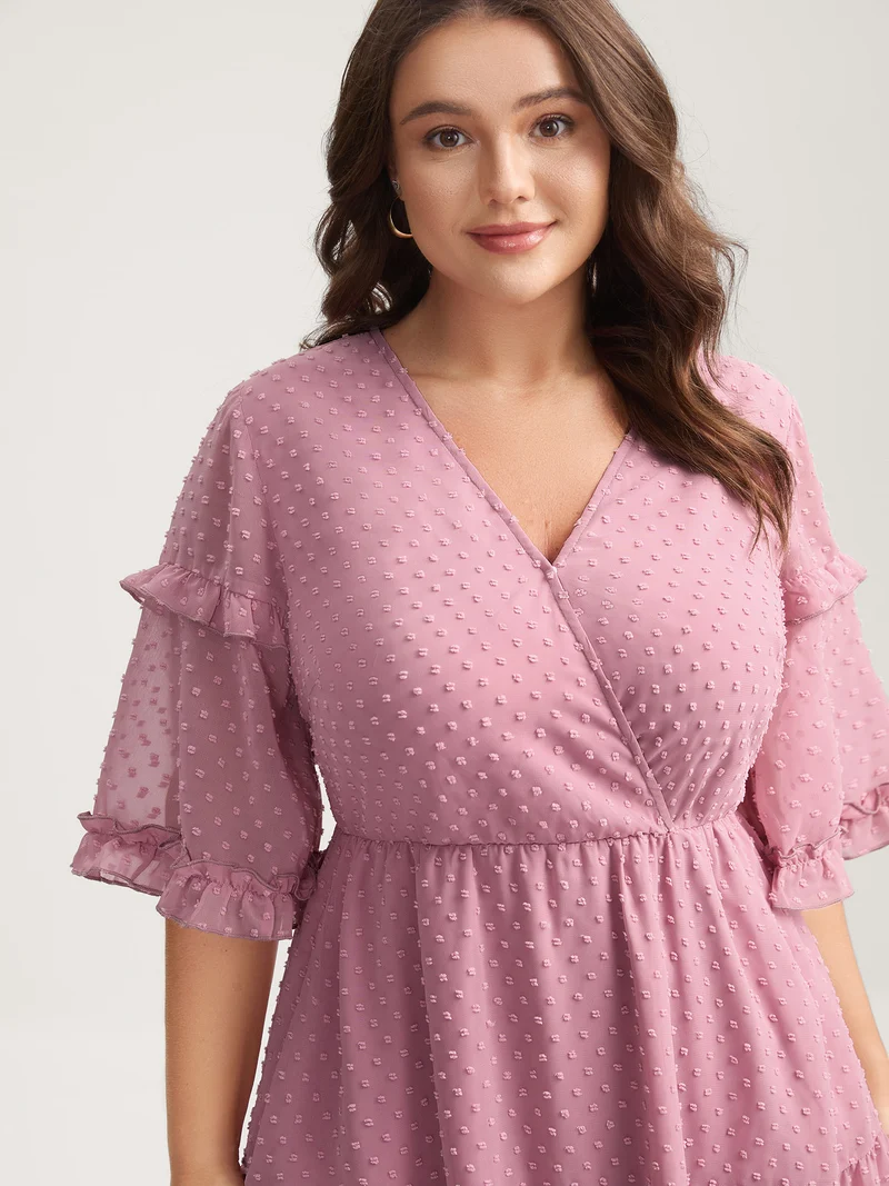 Textured Ruffled Trim Surplice Midi Dress