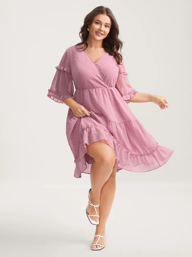 Textured Ruffled Trim Surplice Midi Dress
