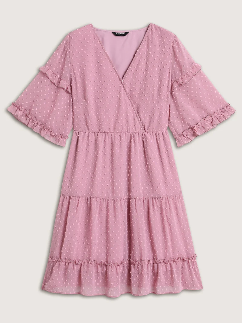 Textured Ruffled Trim Surplice Midi Dress