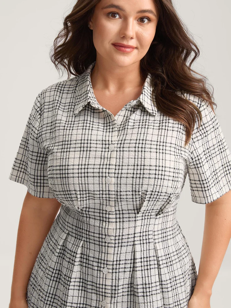 Cotton Plaid Sculpted Button Placket Blouse