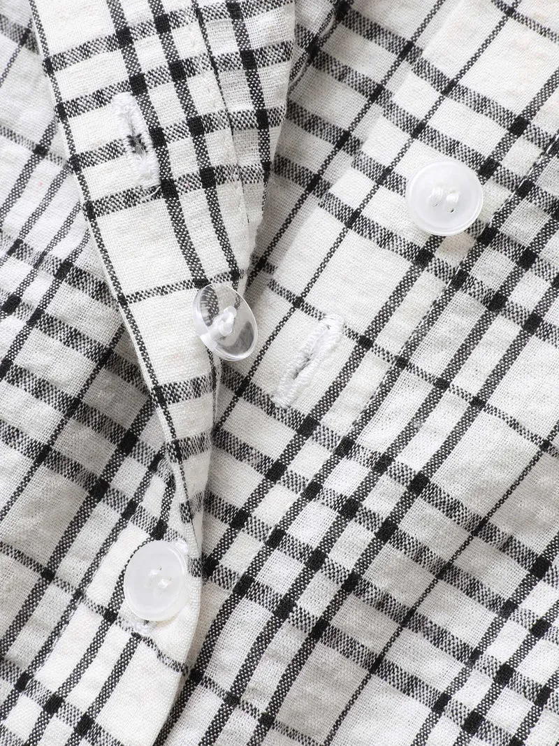 Cotton Plaid Sculpted Button Placket Blouse