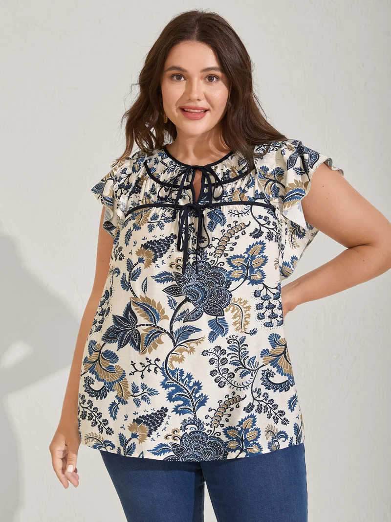 Floral Print Contrast Neck Tie Blouse