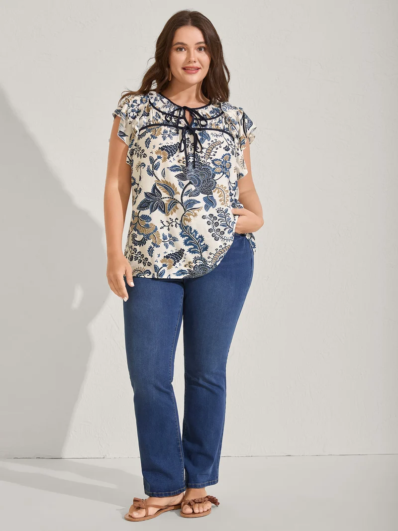 Floral Print Contrast Neck Tie Blouse