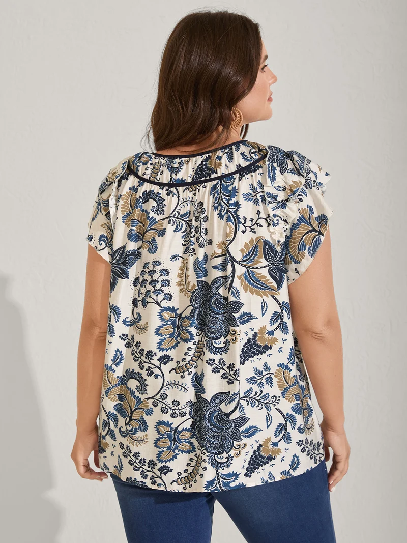 Floral Print Contrast Neck Tie Blouse