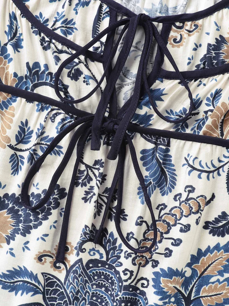 Floral Print Contrast Neck Tie Blouse