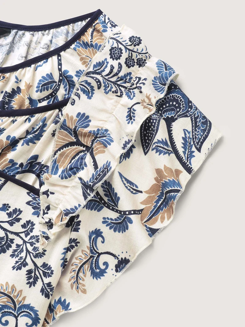 Floral Print Contrast Neck Tie Blouse