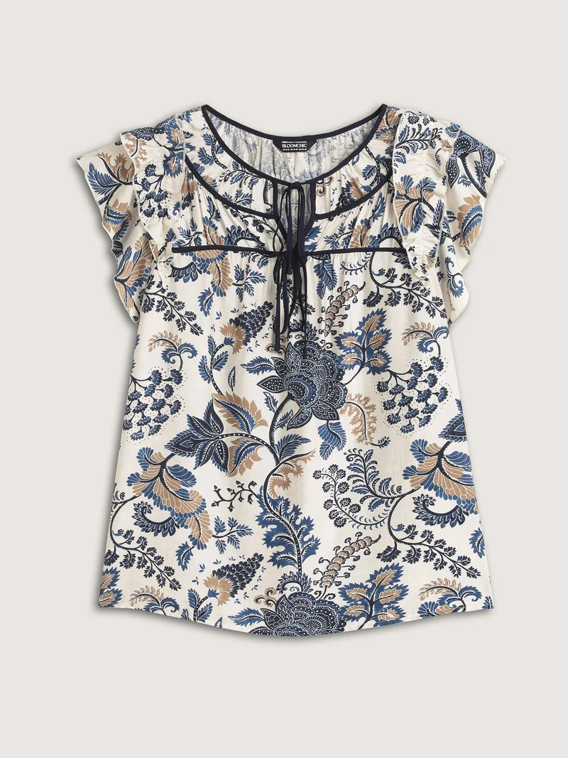 Floral Print Contrast Neck Tie Blouse