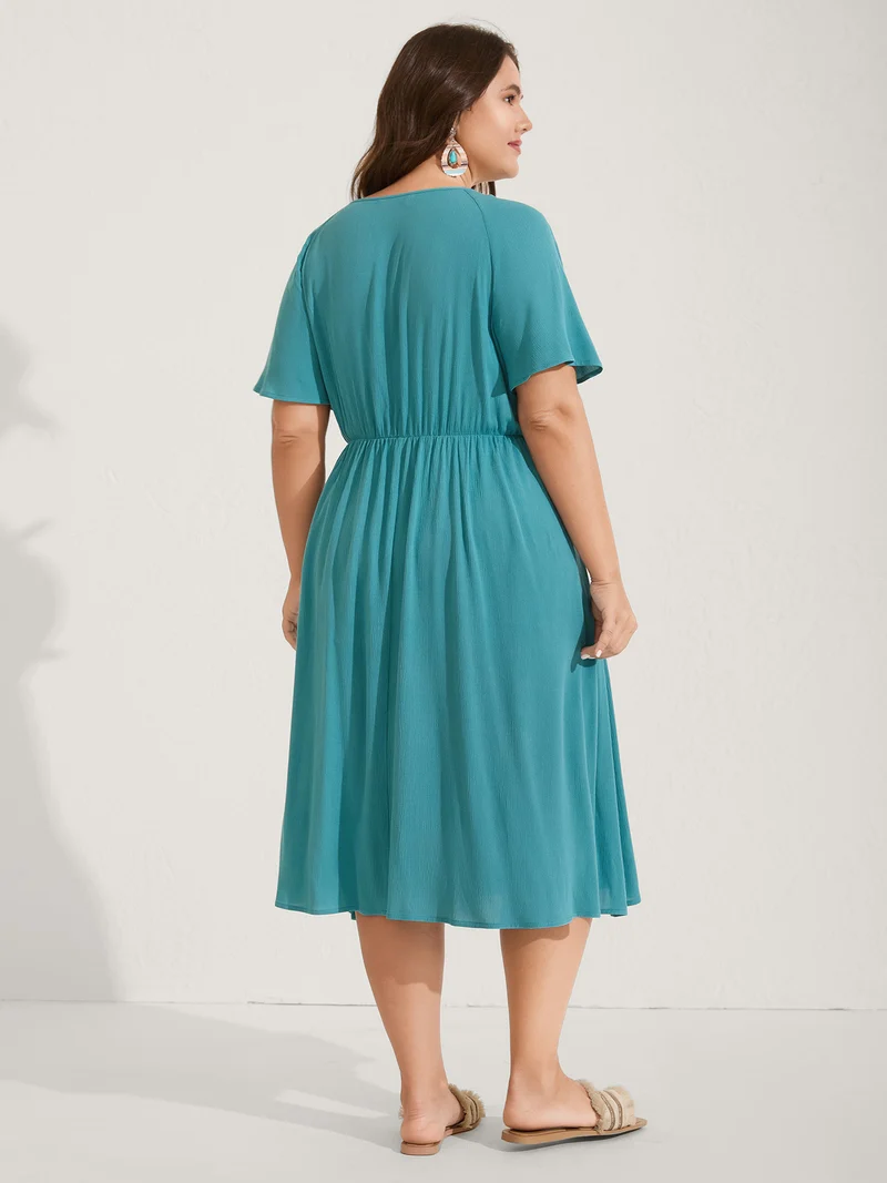 Lace Neck Flared Sleeve Midi Dress