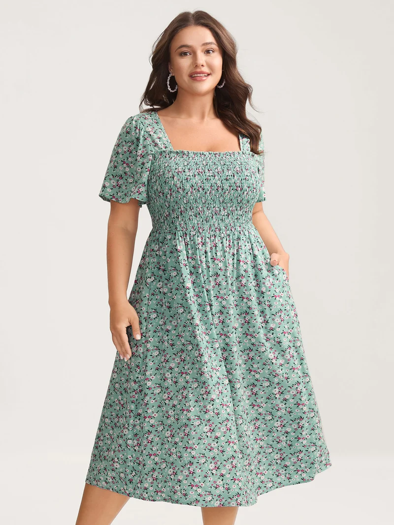 Rayon Ditsy Floral Print Shirred Midi Dress