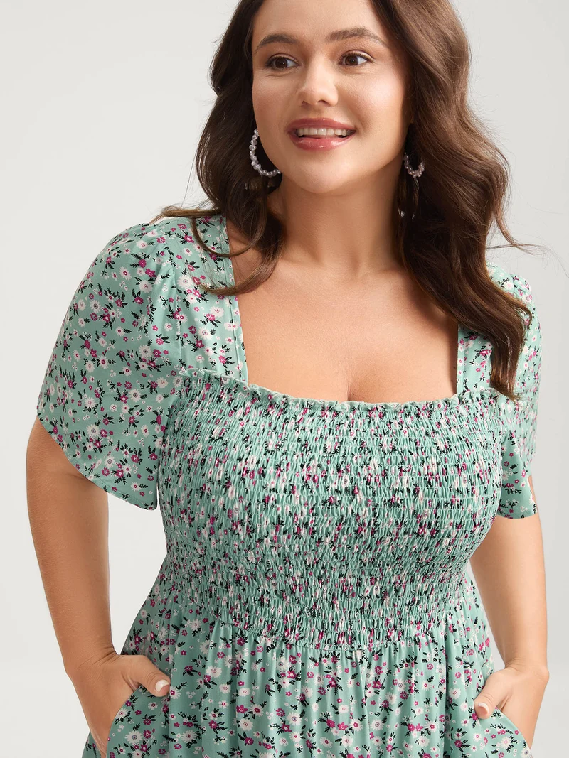Rayon Ditsy Floral Print Shirred Midi Dress