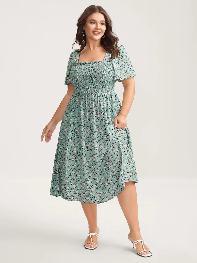 Rayon Ditsy Floral Print Shirred Midi Dress